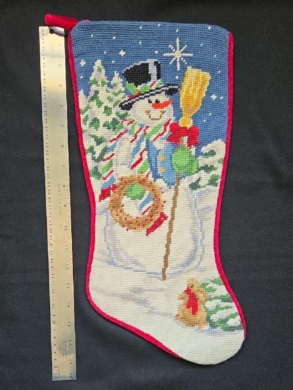 Holiday Snowman Needlepoint Stocking in Blue and White